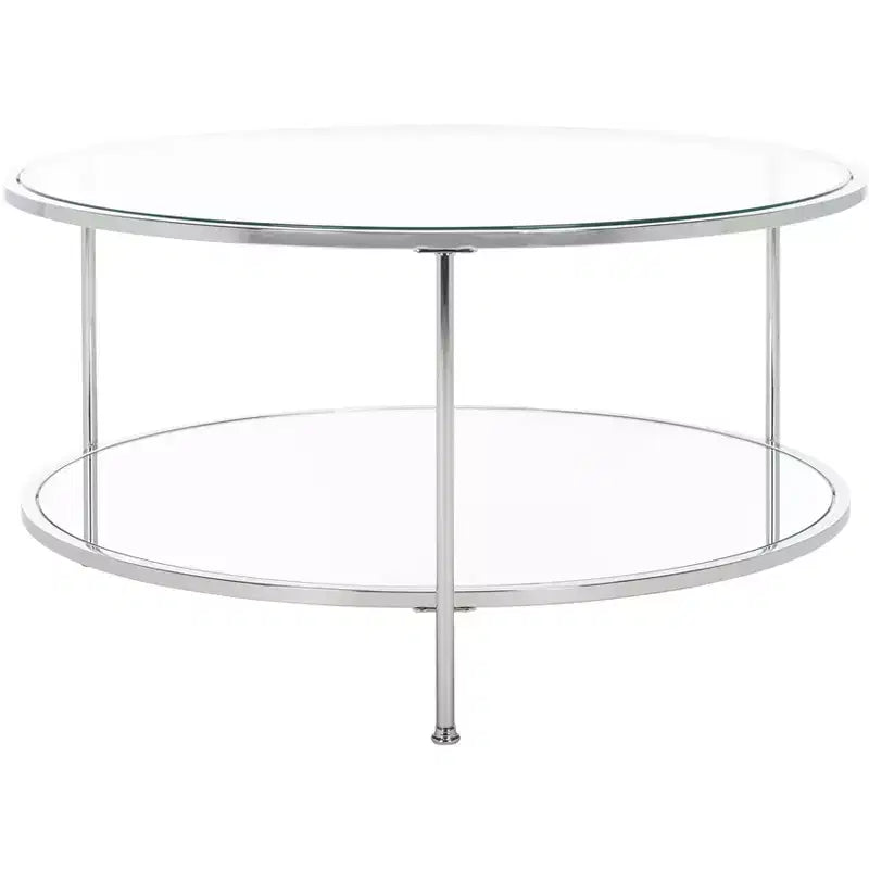 Round Two-Tier Coffee Table with Glass Top & Mirrored Shelf �C Charcoal