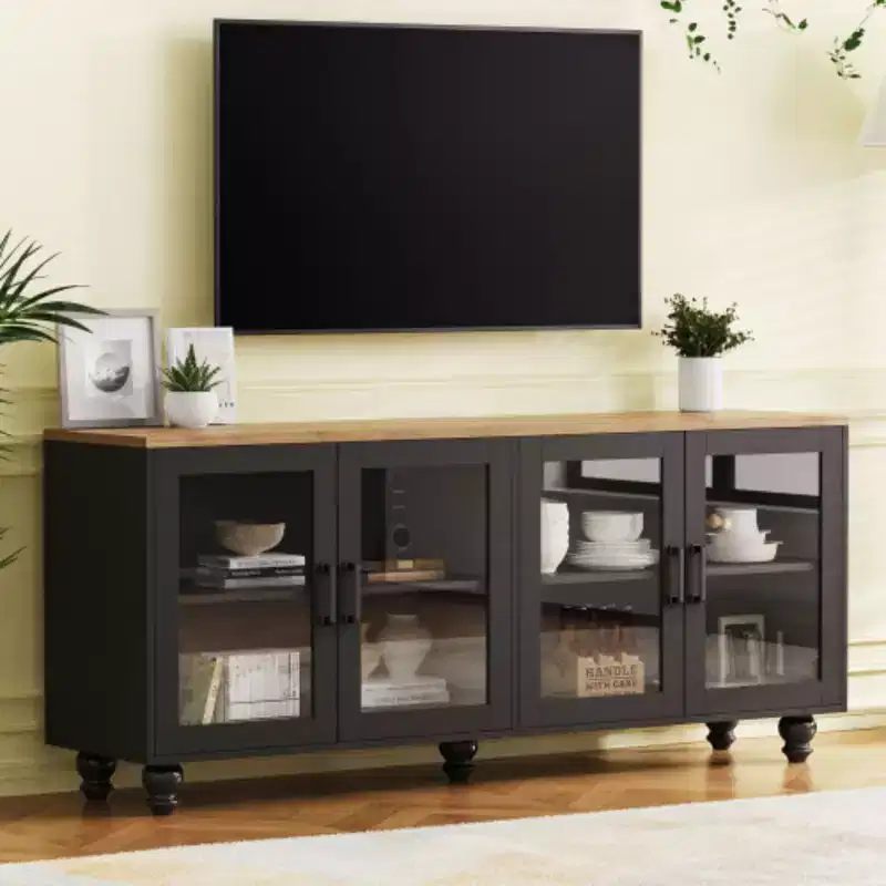 70 Farmhouse TV Stand with Glass Doors, Sideboard with Shelves, 5-Wood Leg Buffet for Living Room