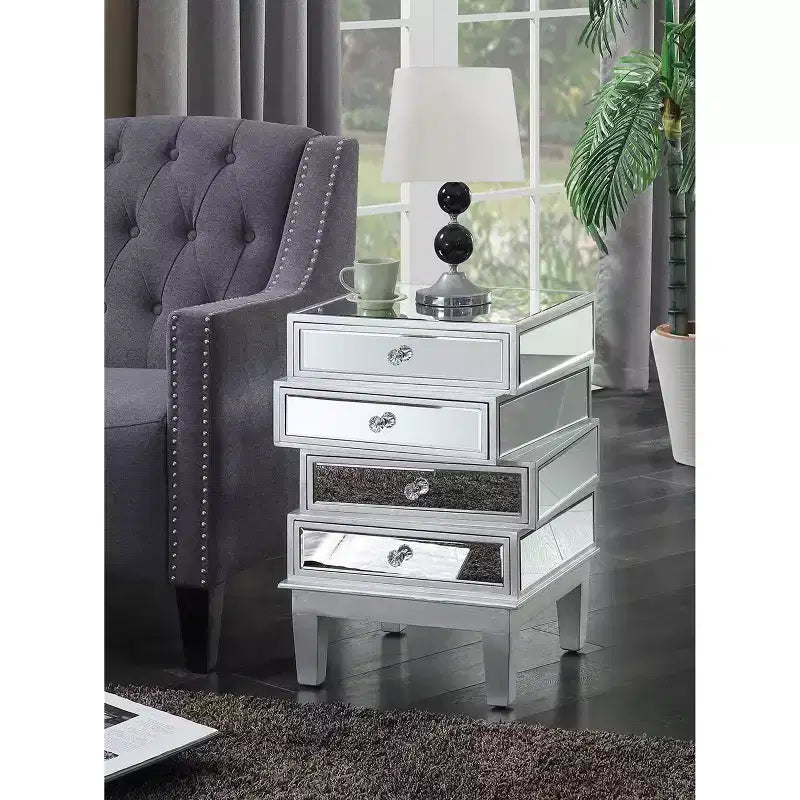 HomeStock Belmont Mirrored End Table with Four Drawers, Contemporary Accent Table with Crystal Knobs and Glass Panels for Living Room Storage