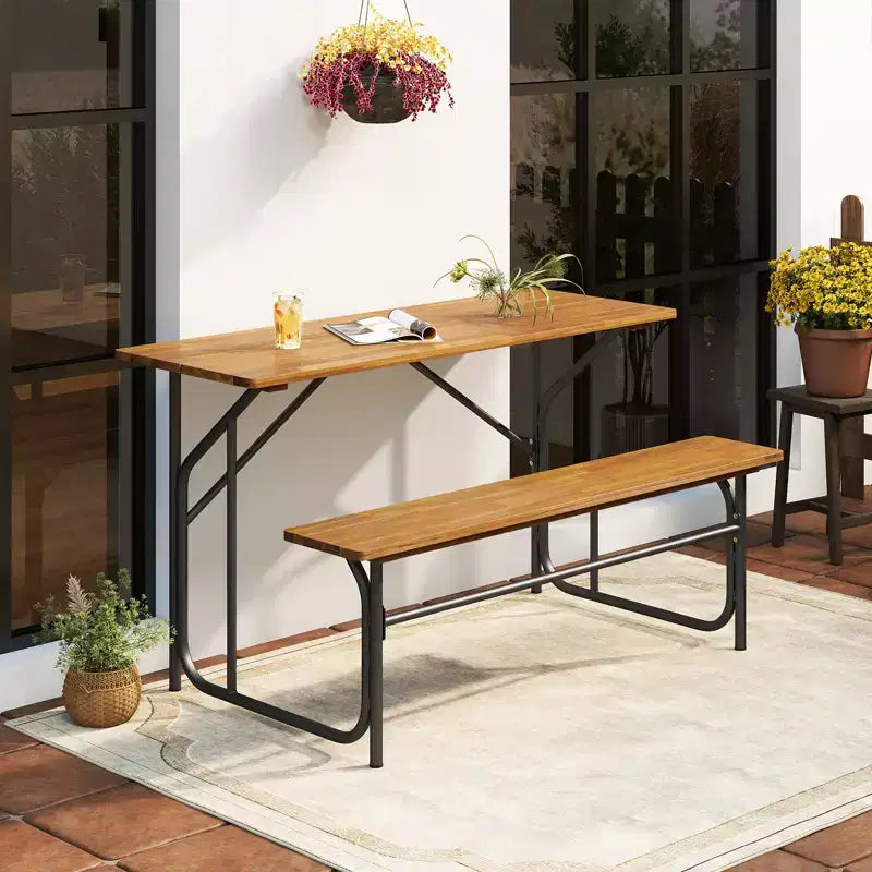 Costway Patio Table Bench Set for 2 Picnic Table & Loveseat w/Acacia Wood Top Metal Legs