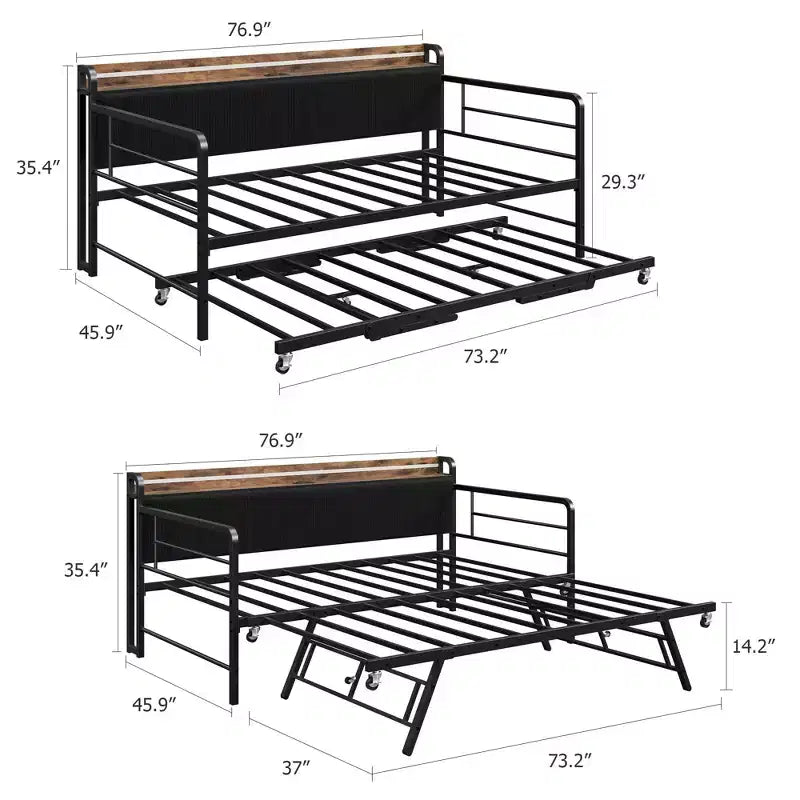 Twin Size Daybed with Trundle, Metal Bed Frame with Charging Station & Upholstered Storage Headboard, Metal Sofa Bed for Bedroom, Guest Room