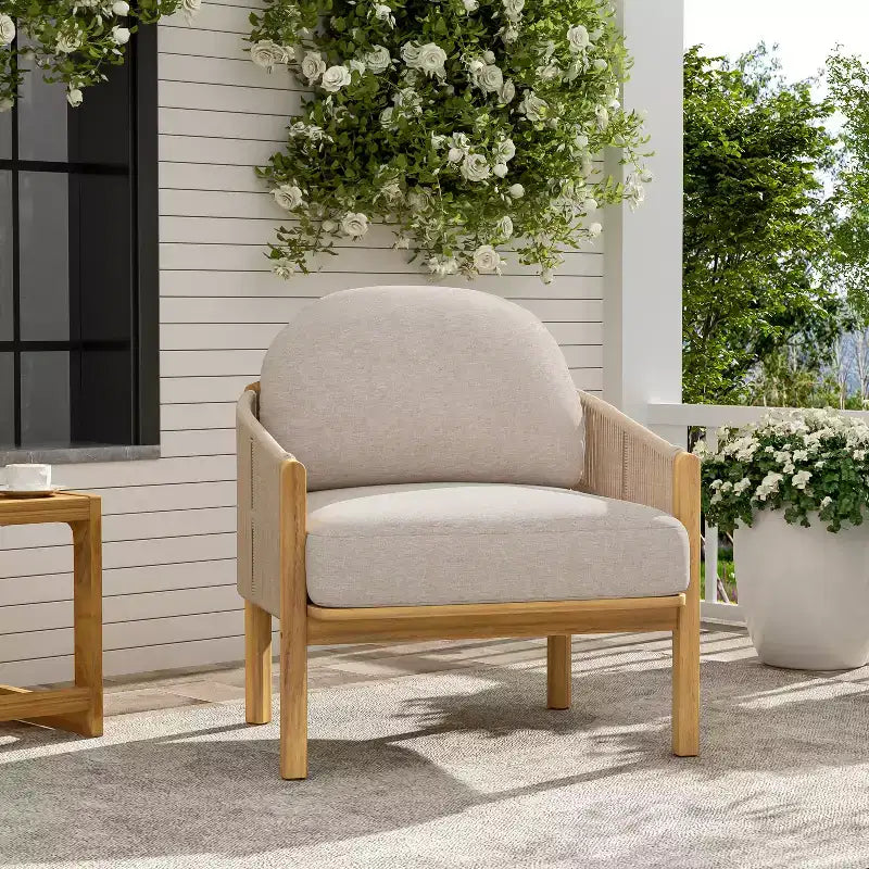 Christopher Knight Home Tatum Outdoor Acacia Wood Club Chair with Woven Rope Backrest and Cushions