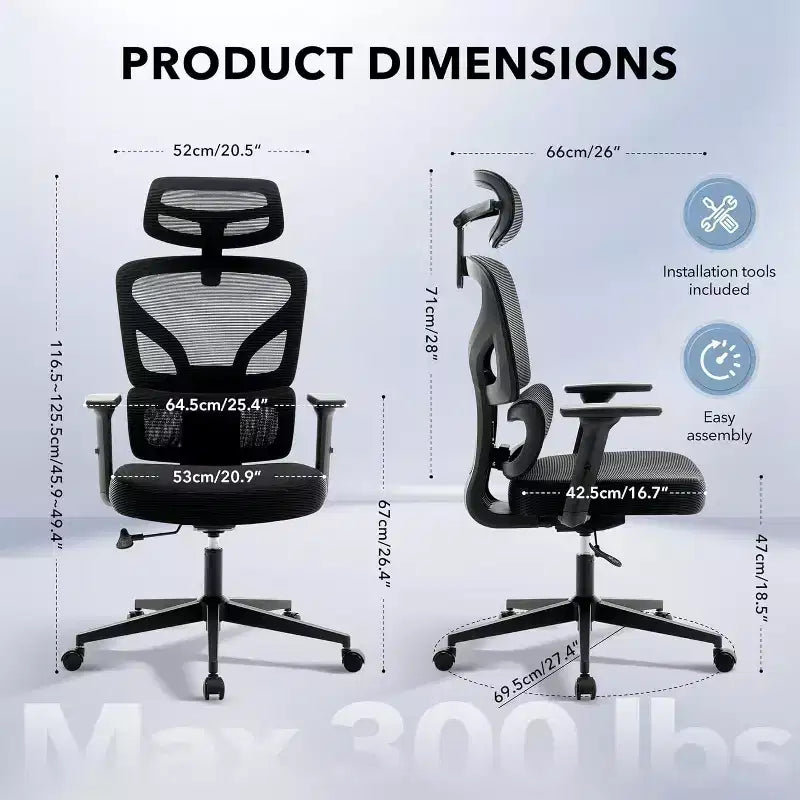 Ergonomic Mesh Office Chair with 3D Lumbar Support, Adjustable Armrest & Headrest