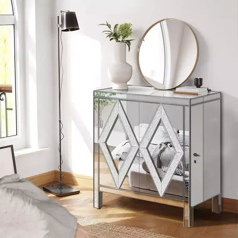 Mirrored Border Sideboard Storage Cabinet, Console Table with Geometric Pattern Design, 2 Doors, and Glass Effect Handles Console Table