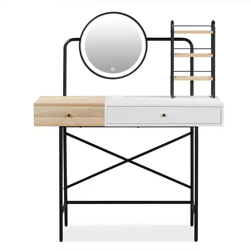 Makeup Vanity with 3-Mode Round Mirror and Wireless Charging Station, Girls Vanity with Drawer and 3 Open Shelves, White
