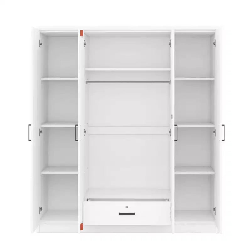 Wood 4-Door Wardrobe Armoire with Hanging Rod, 1-Drawer and Storage Shelves