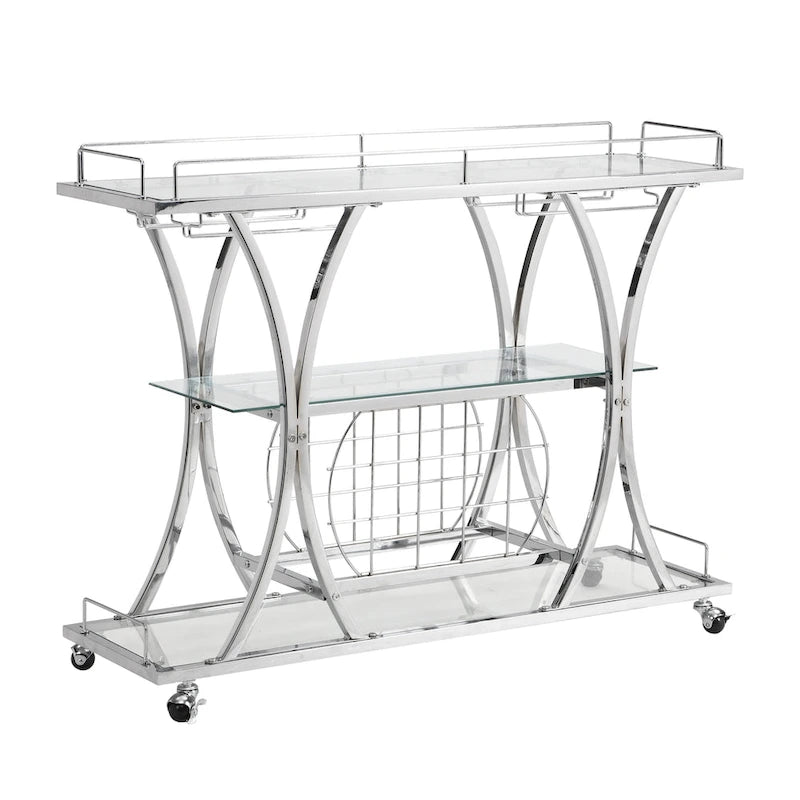 3-Tier Tempered Glass Rolling Bar Cart with Wine Rack and 16 Glass Holder