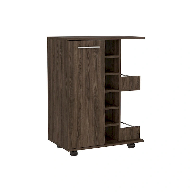 Rolling Bar Cart with Enclosed Cabinet 6-Bottle Wine Cubby and Open Bottle Shelves