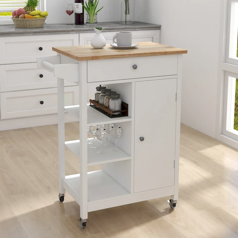 Nestfair White Kitchen Cart with Towel Rack and Wood Table Top