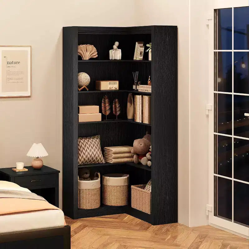 5-Tier L-Shaped Corner Bookshelf, Black / Brown / Natural / White, 71.8H