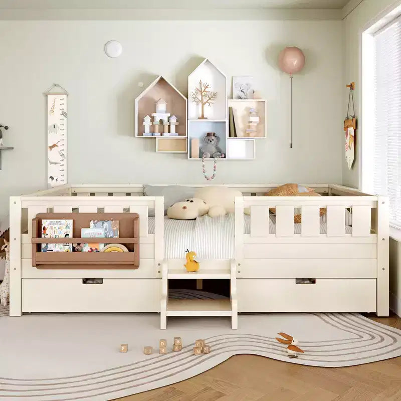 Bellemave Queen Size Toddler Bed with 14 Safety Guardrails, Space-saving Bed Frame with Built-in Bookshelves & 2 Under-Bed Storage Drawers