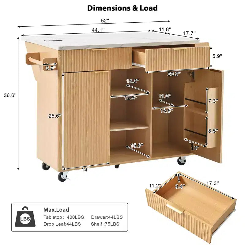 52-Inch Fluted Kitchen Island Cart with Power Outlet and Faux Marble Drop Leaf