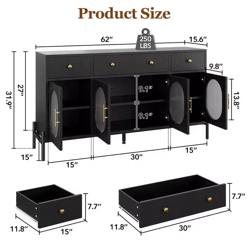 62 Large Sideboard Buffet Cabinet with Storage and 3 Drawers, Buffet Table Coffee Bar Storage Cabinet with 4 Glass Doors