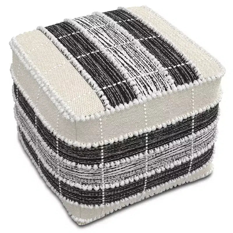 Square Woven Pouf - White/Beige/Black, Indoor/Outdoor, UV Resistant, 250lb Capacity