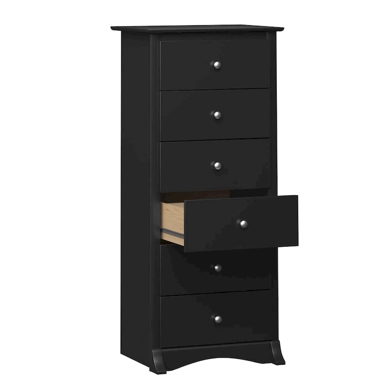 6-Drawer Tall Bedroom Dresser, Black Laminate, Brushed Nickel Knobs, 52.75H