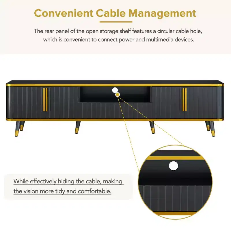 85 in Luxury Minimalism TV Stand, Modern Mid Century Entertainment Center with Open Storage Shelf,TV Console Table with Cabinets and Drawers