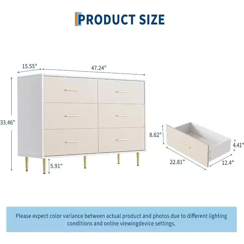6 Drawer Dresser, Modern White Chest of Drawers with Gold Metal Legs and Handles, Large Double Wooden Dresser for Bedroom, Living room Office