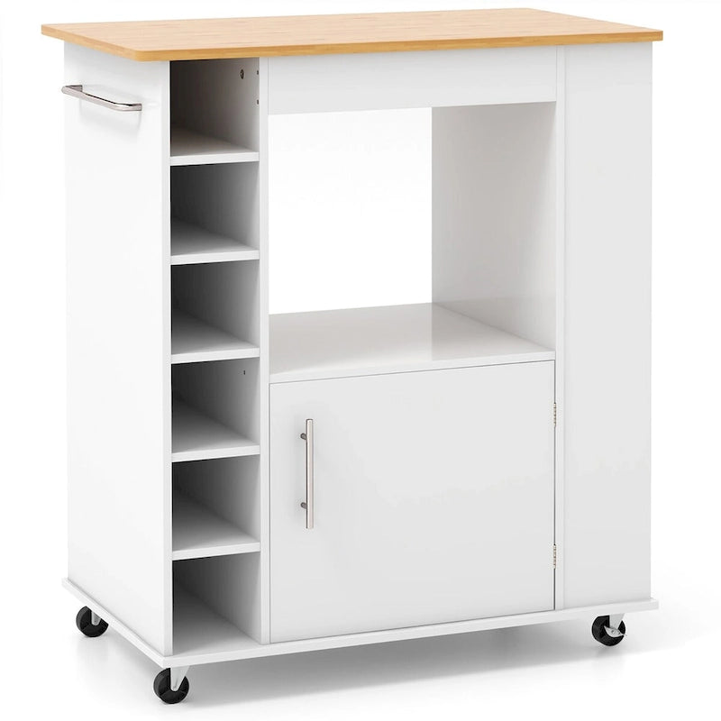 White Rolling Kitchen Cart with Wine Rack Cabinet and Bamboo Countertop