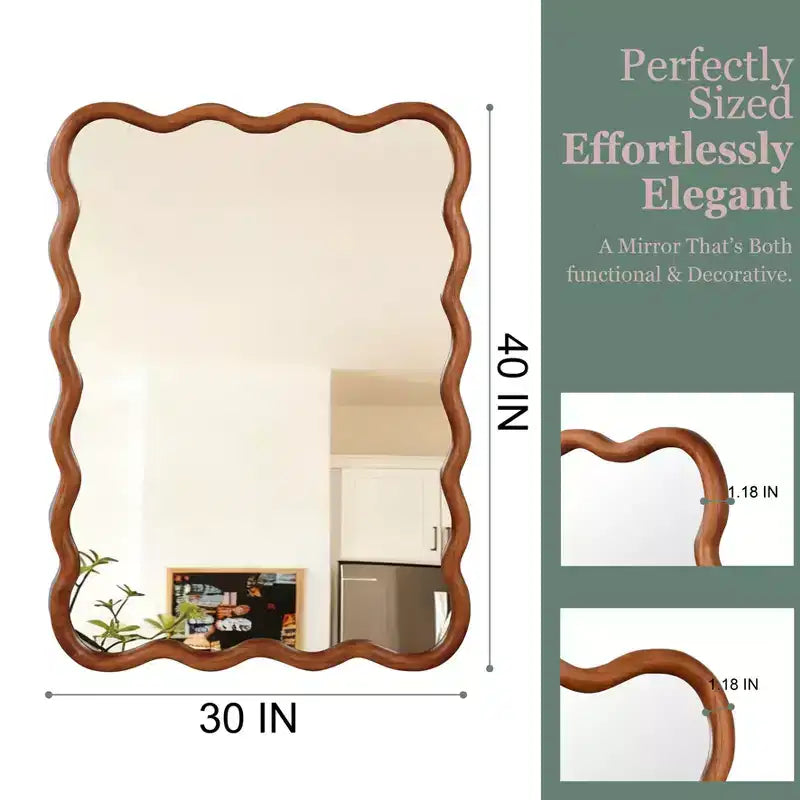 PexFix 30 x 40 Wavy Rectangle Solid Wood Frame Decorative Mirror Modern Farmhouse Wall Mirror For Bedroom Bathroom Living Room Entryway Brown