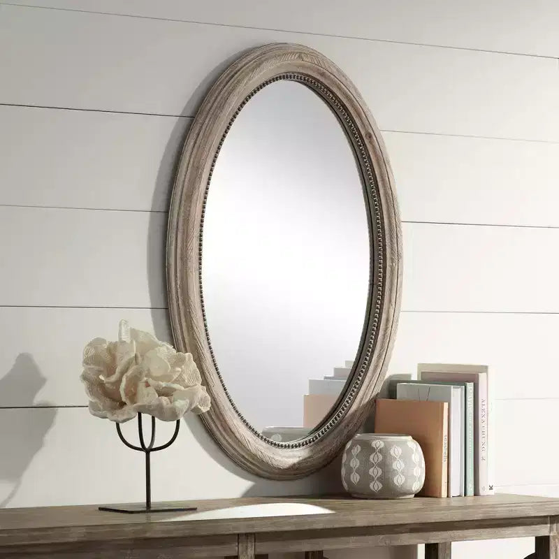 Noble Park Zahra Oval Vanity Decorative Wall Mirror Rustic Farmhouse Beaded Trim Natural Wood Frame 23 1/2 Wide for Bathroom Bedroom Living Room Home
