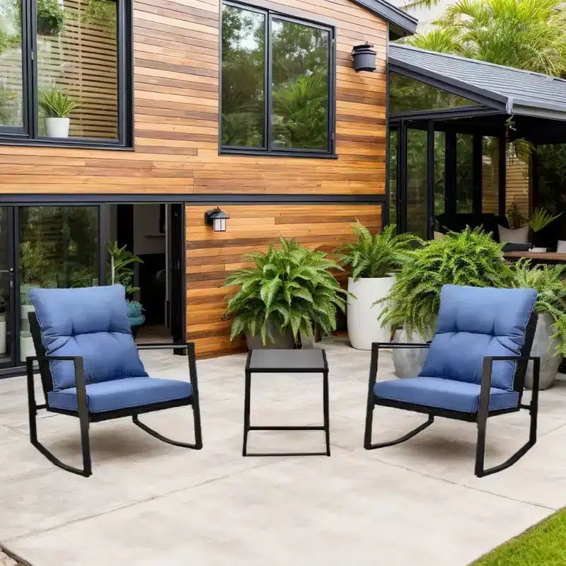 Whisen 3-Piece Outdoor Patio Bistro Rocking Chair, Garden Rocking Conversation Set with Cushion and 1 Table - Blue