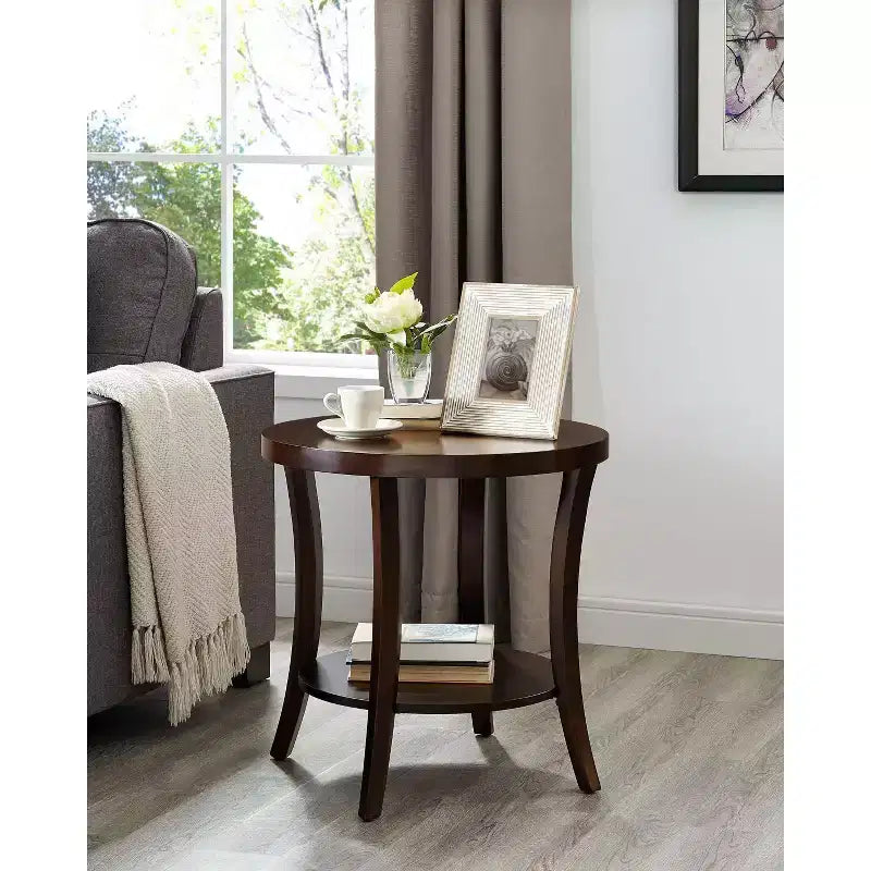 Elegant Round Side Table with Arched Legs, Storage Shelf and Thick Tabletop, for Living Room, Bedroom