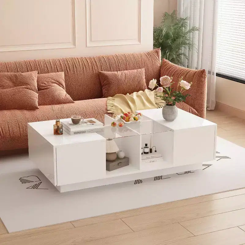 White High-Gloss LED Coffee Table with Drawer & Open Compartments