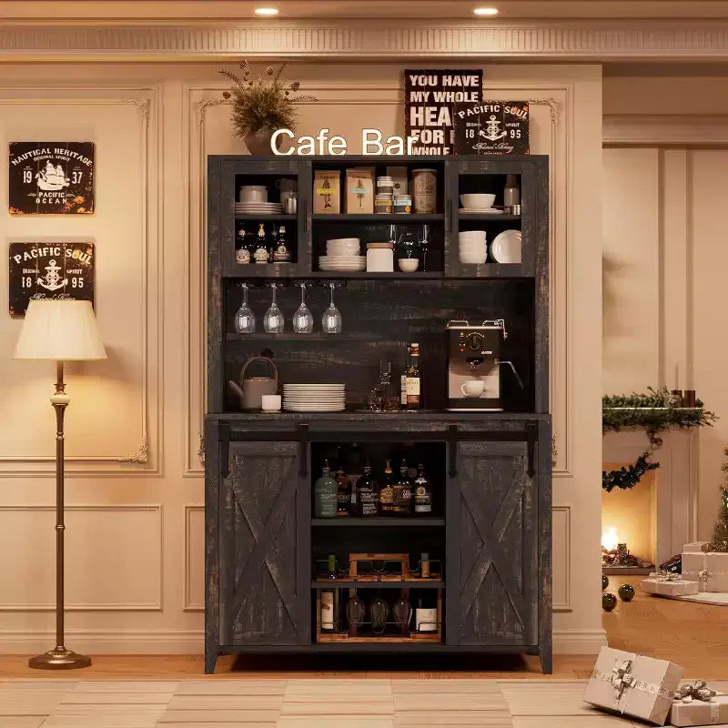 70'' Tall Wine and Coffee Bar Cabinet with Storage Hutch, Sliding Barn Doors, Bottle and Glass Rack for Kitchen Pantry or Home Dining Room Use