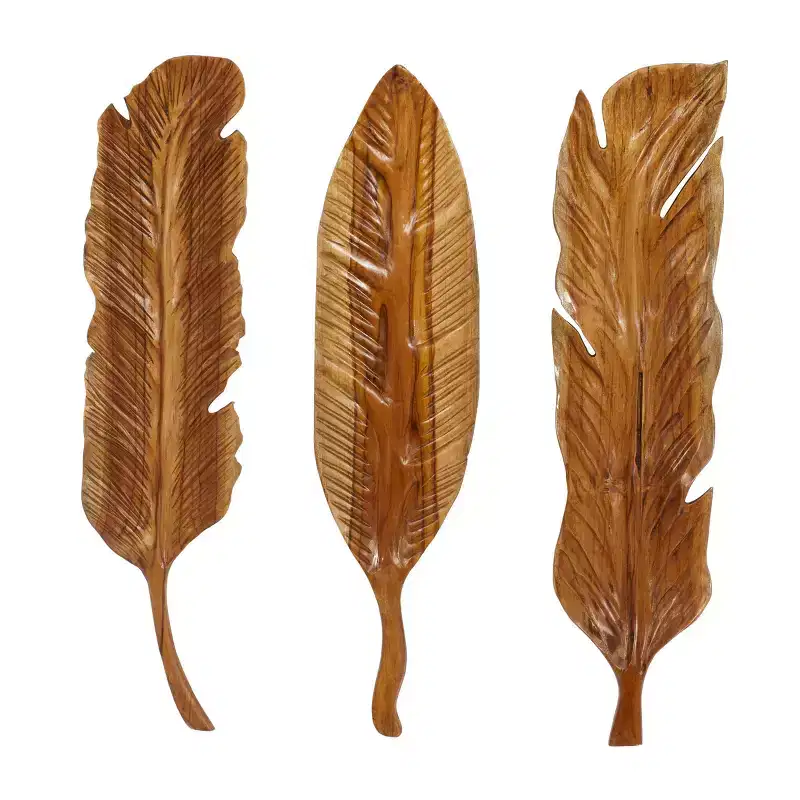 Set of 3 Teak Wood Bird Handmade Carved Feather Wall Decors Brown - Olivia & May: Rustic Style, Artisan Crafted, Vertical Display