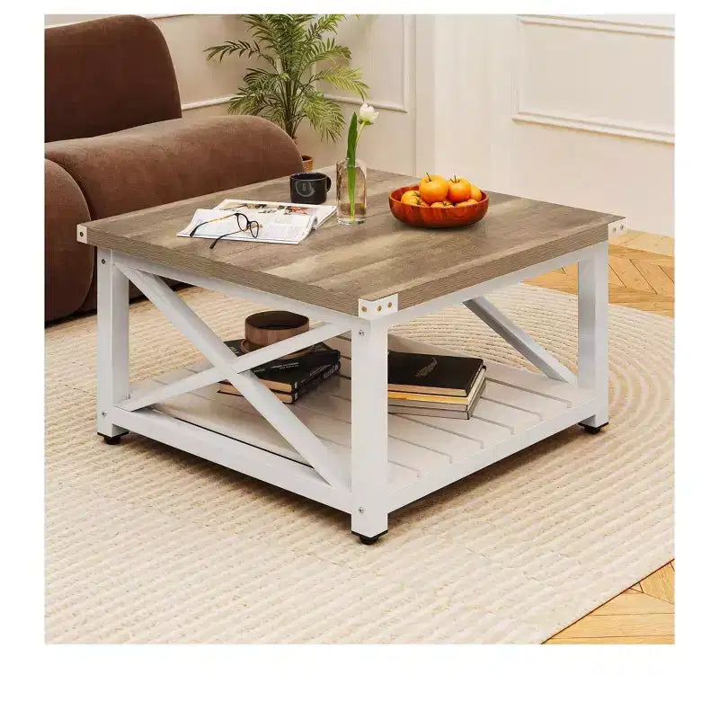 Square Farmhouse Coffee Table with Storage, Rustic Wood Center Table