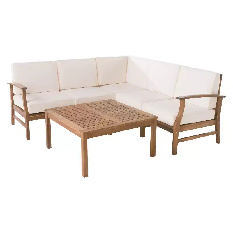 Perla 6pc Acacia Wood Patio Chat Set: Sectional Sofa, Coffee Table, Weather-Resistant - Christopher Knight Home