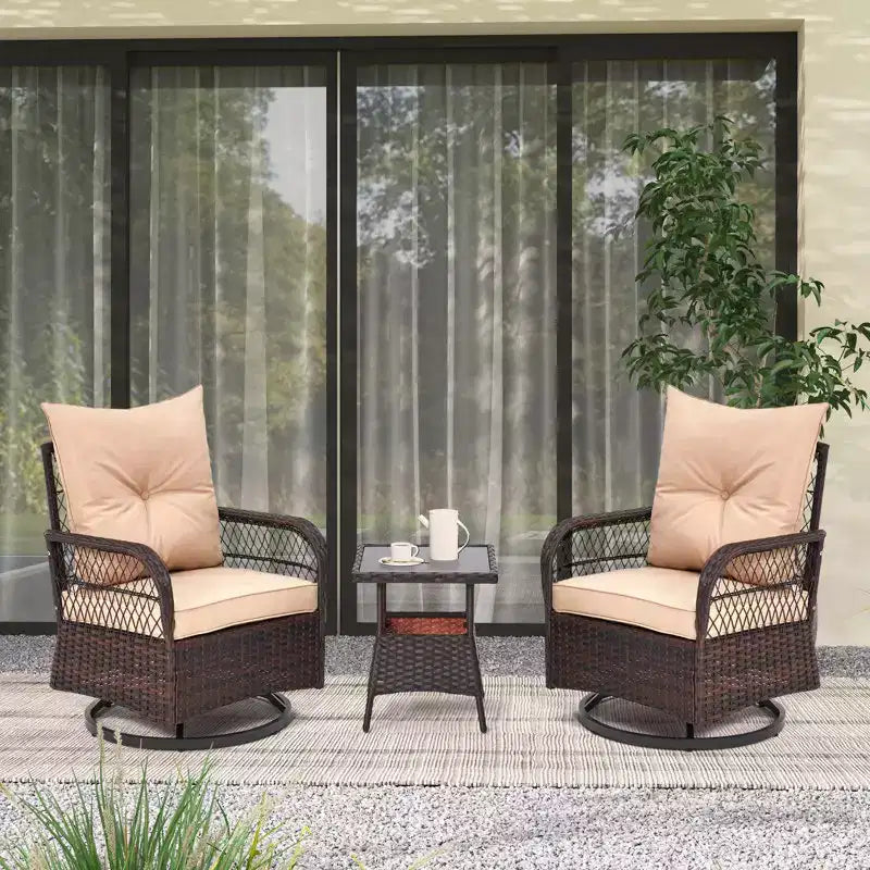 EROMMY 3 Pieces Patio Swivel Rocker Rattan Chairs, Outdoor Swivel Rocking Chairs With 1 Rattan Coffee Table, 360 Degree Swivel Patio Chairs For Lawn