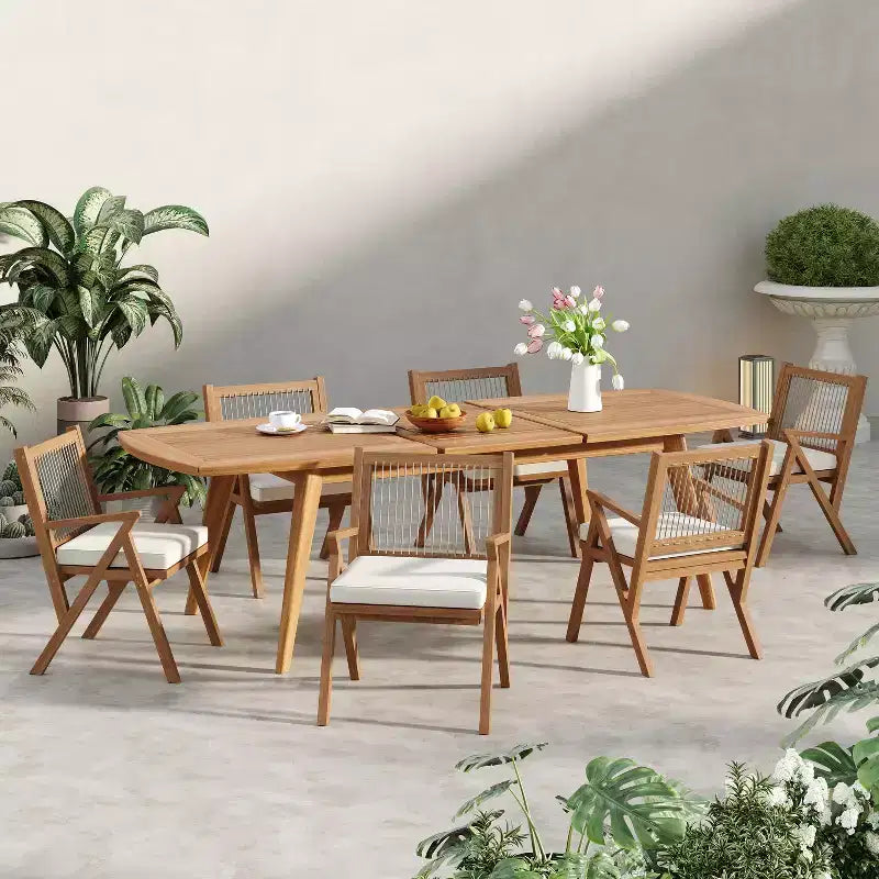 Christopher Knight Home Reynard 7 Piece Expandable Outdoor Dining Set with Acacia Wood Table and Rope Back Chairs