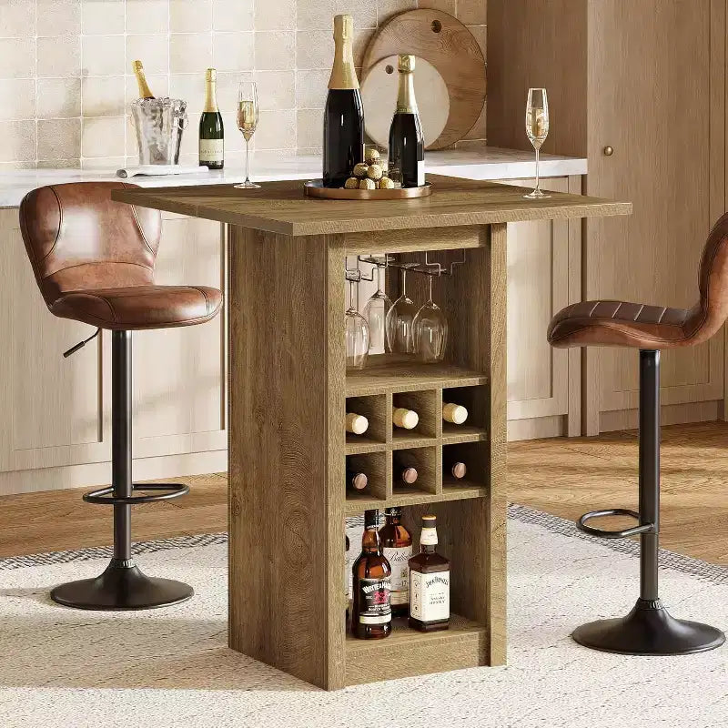 31.5-Inch Square Bar Table, 4-Tier Wood Counter Height Home Bar Unit with Glass Holders, Wine Racks and Storage Shelves for Bistro