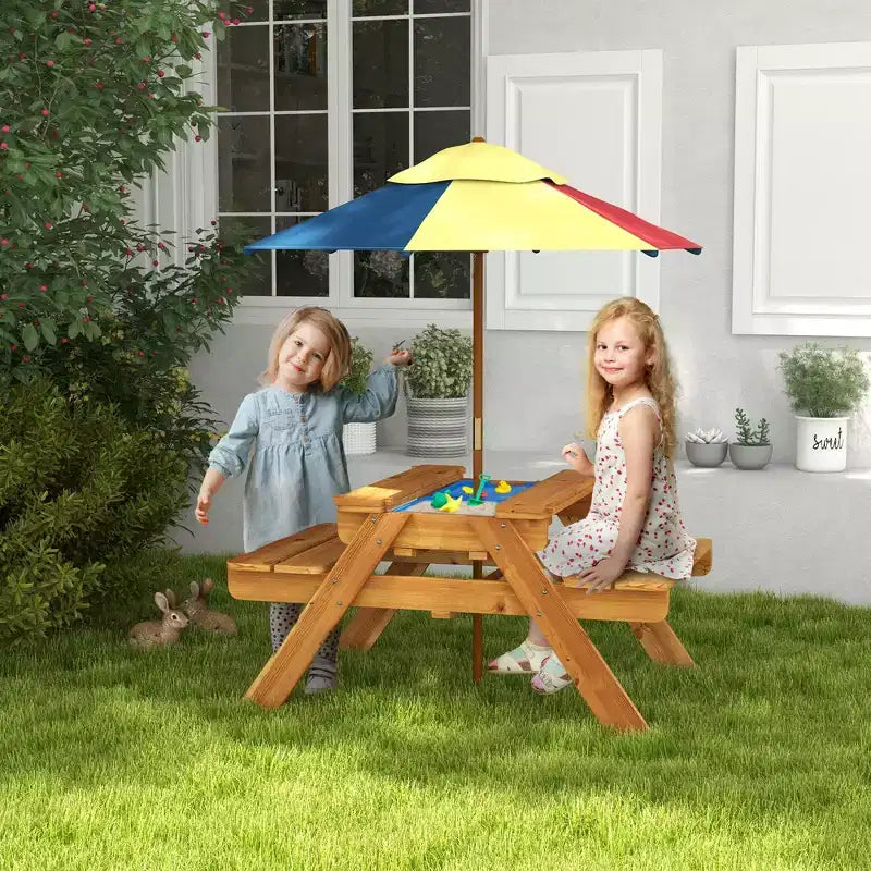 Outsunny Kids Picnic Table, 3 in 1 Sand and Water Activity Table w/ Foldable Umbrella, 2 Play Boxes, Removable Top, Aged 3-6 Years Old, Teak