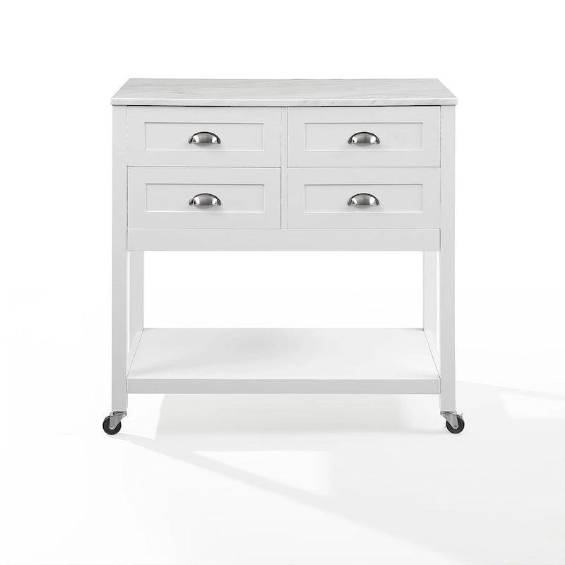 Modern Farmhouse Kitchen Island Cart with 4 Drawers Faux Marble Top and Casters