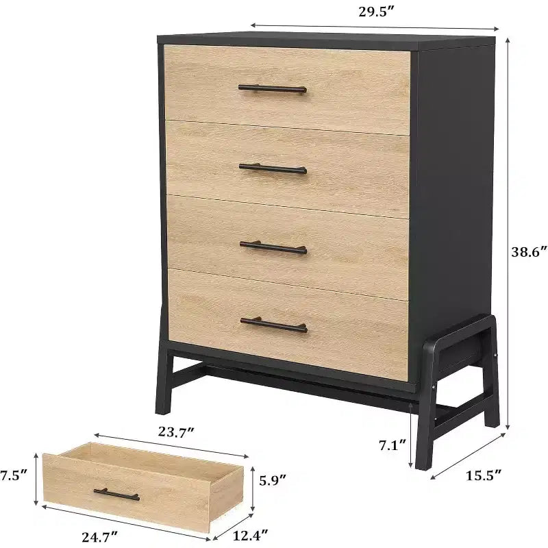 Acekool 4-Drawer Tall Dresser, 38.6 Chest with Storage, Modern Wooden Dresser for Bedroom, Living Room, Entryway, Natural Oak + Black