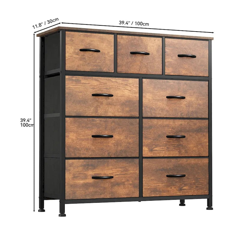 Rustic Wood-grain Bedroom Dresser with Metal Frame, Wooden Top