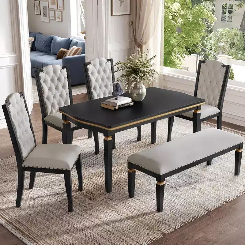 Retro 6 Pieces Kitchen Dining Table Set, Rectangular Table and 4 High-Back Tufted Chairs & Bench, Wood Dining Room Table Set for 6