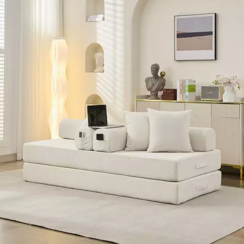 Chenille Lounge Floor Sofa Bed with Convertible Foldable Mattress, 2-Seater Futon Couch Sleeper for Living Room, Bedroom