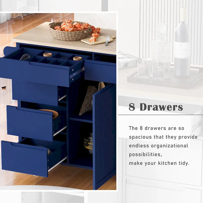 Rolling Kitchen Island Cart with 8 Handle-Free Drawers Rubberwood Top and Spice Rack