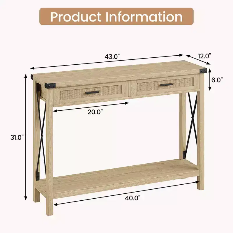 Rattan Console Table for Entryway - Boho Entryway Table with Storage and Drawers, Small Entry Tables, 43''