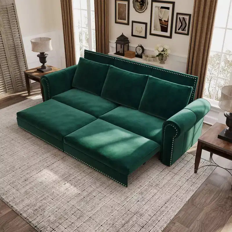 MAYEERTY 93.7 King Pull Out Sofa Bed, 3-in-1 Velvet Convertible Sleeper Sofa with Nailhead Trim and Rolled Arm Multifunctional Sofa Bed