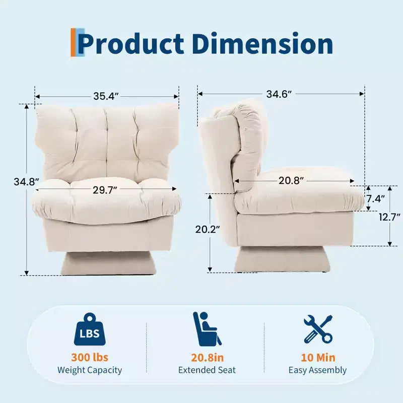 Chenille Swivel Accent Chair,360Comfy Modern Sofa Chair with Oversize Base,20.8in Extended Seat,300Lb Max Load Accent Chair for Living Room