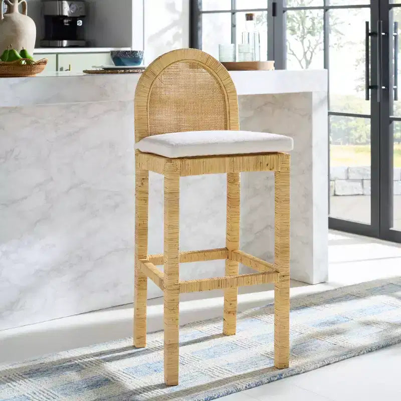 Tojo Cane Round Back Bar Stool - BST6506A - Natural/White - Safavieh