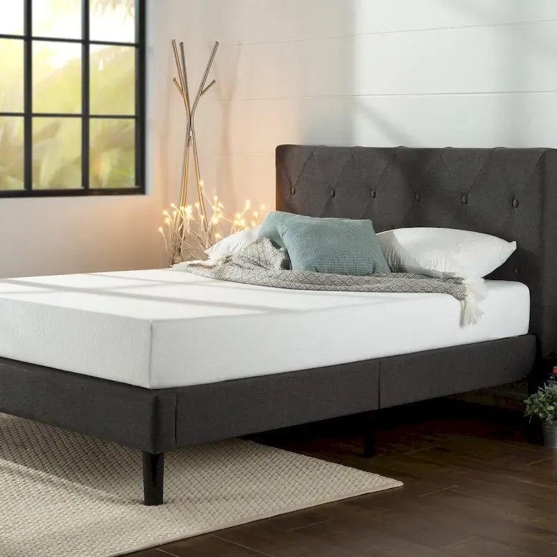Dark Grey Upholstered Diamond Stitched Platform Bed