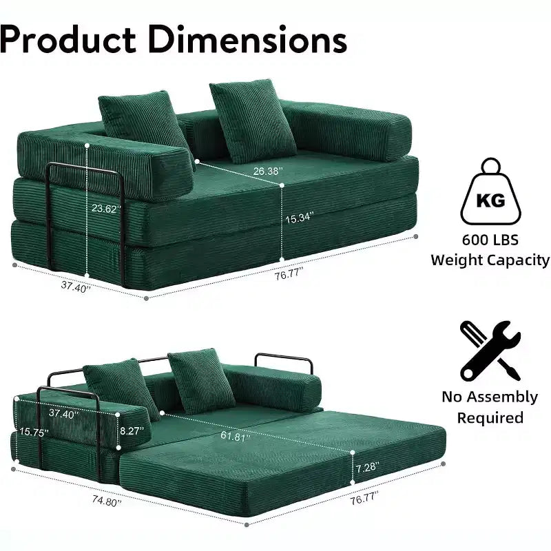 MooxvMoo Floor Sofa Bed Convertible, Corduroy Futon Couch with Pillow, Sleeper for Living Room Bedroom, Green