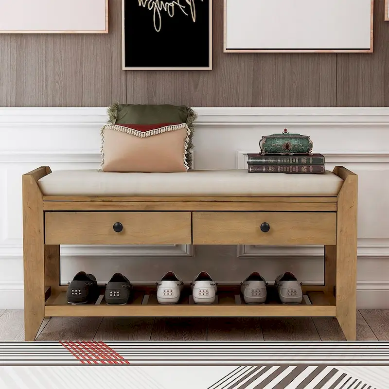 Wooden Storage Bench with Shoe Rack and Drawers