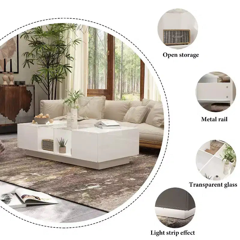 White High-Gloss LED Coffee Table with Drawer & Open Compartments