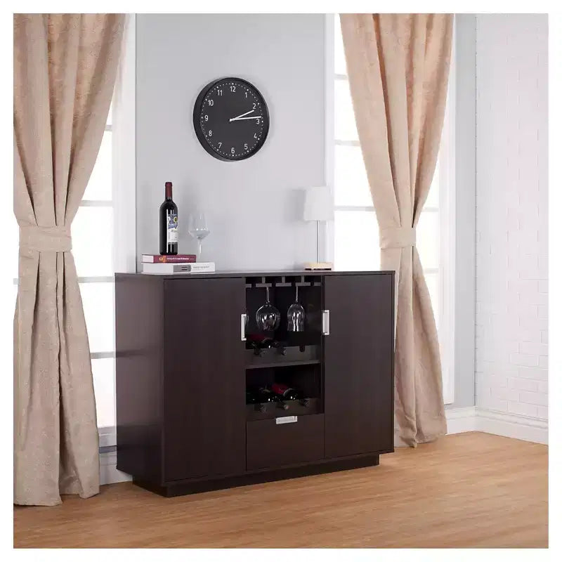 24/7 Shop At Home Roslyn Modern Multi-Storage Buffet Espresso: Wine Rack, Stemware Holder, China Cabinet